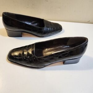 Mila Paoli Made In Italy Black  Croc-Embossed Leather Block Heel Loafers Size 8B
